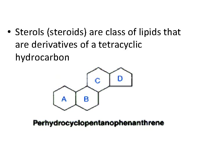  • Sterols (steroids) are class of lipids that are derivatives of a tetracyclic