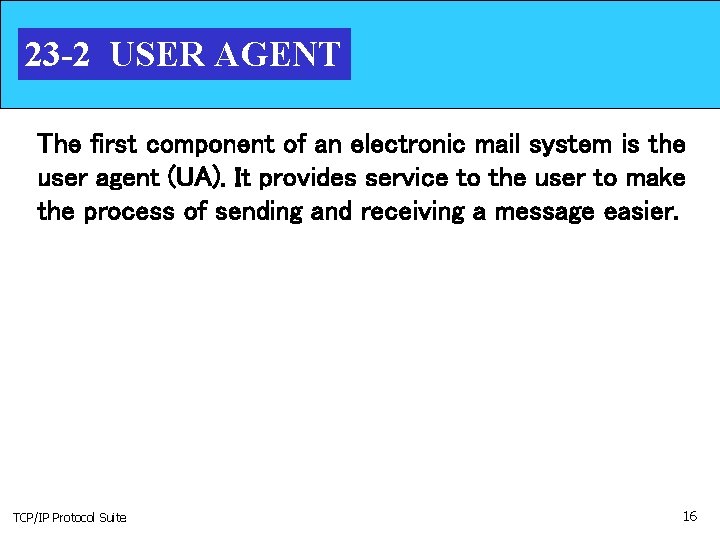 23 -2 USER AGENT The first component of an electronic mail system is the