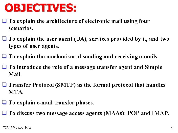 OBJECTIVES: q To explain the architecture of electronic mail using four scenarios. q To