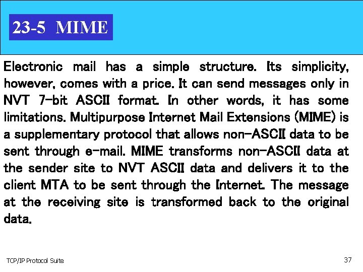 23 -5 MIME Electronic mail has a simple structure. Its simplicity, however, comes with
