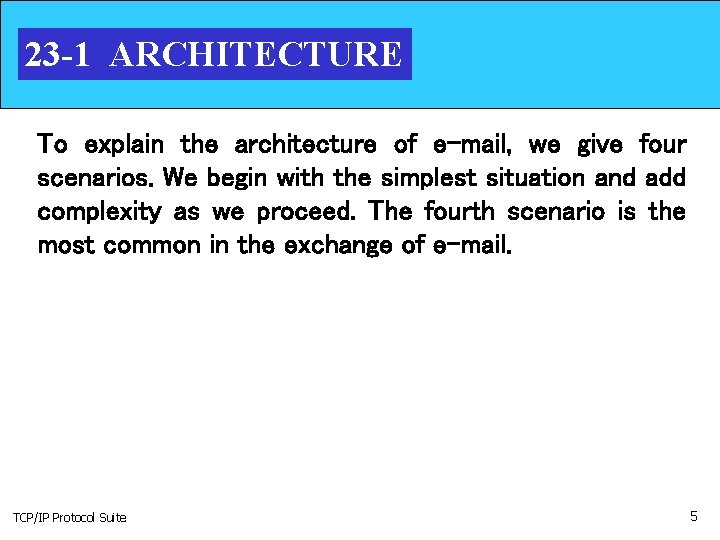 23 -1 ARCHITECTURE To explain the architecture of e-mail, we give four scenarios. We