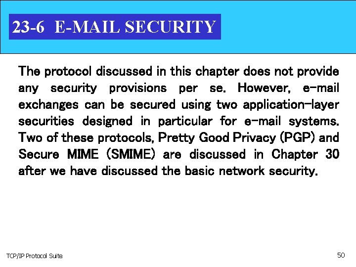 23 -6 E-MAIL SECURITY The protocol discussed in this chapter does not provide any