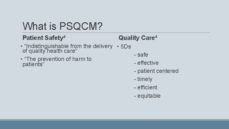 What is PSQCM? Patient Safety 4 Quality Care 4 • “Indistinguishable from the delivery