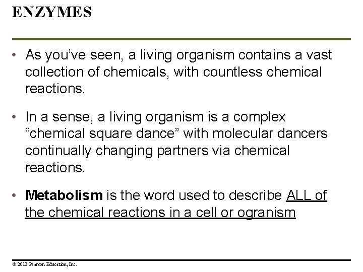 ENZYMES • As you’ve seen, a living organism contains a vast collection of chemicals,