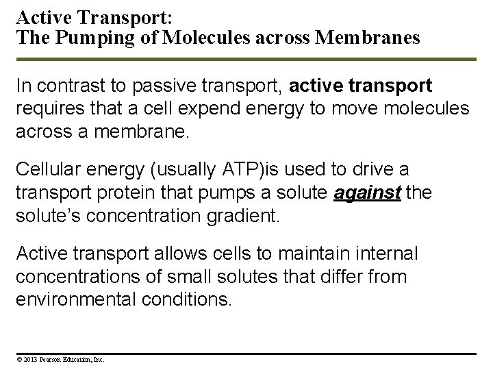 Active Transport: The Pumping of Molecules across Membranes In contrast to passive transport, active