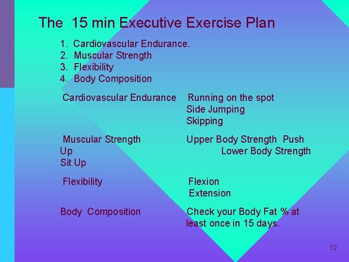 The 15 min Executive Exercise Plan 1. 2. 3. 4. Cardiovascular Endurance. Muscular Strength