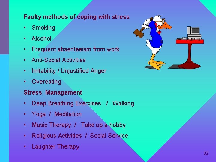 Faulty methods of coping with stress • Smoking • Alcohol • Frequent absenteeism from