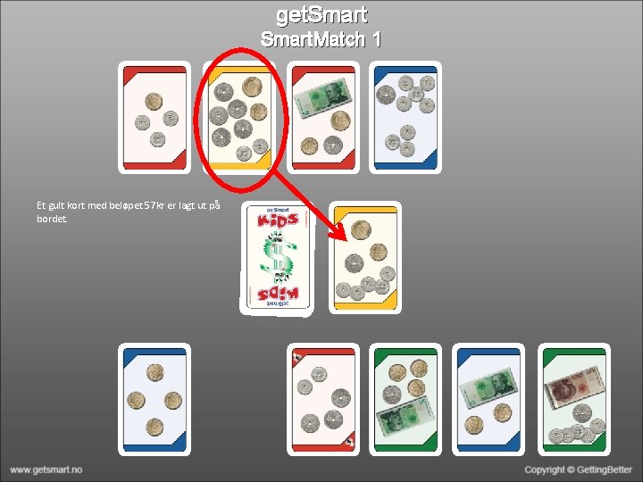 get. Smart. Match 1 Et gult kort med beløpet 57 kr er lagt ut