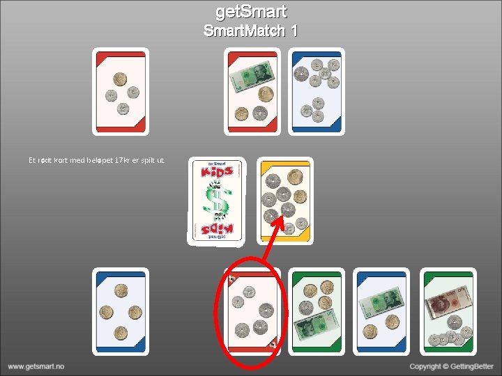 get. Smart. Match 1 Et rødt kort med beløpet 17 kr er spilt ut.