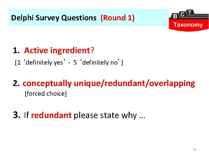 Delphi Survey Questions (Round 1) 1. Active ingredient? [1 ‘definitely yes’ - 5 ‘definitely