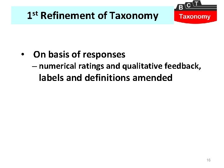 1 st Refinement of Taxonomy • On basis of responses – numerical ratings and
