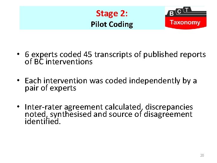 Stage 2: Pilot Coding • 6 experts coded 45 transcripts of published reports of