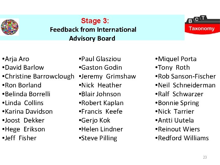 Stage 3: Feedback from International Advisory Board • Arja Aro • Paul Glasziou •