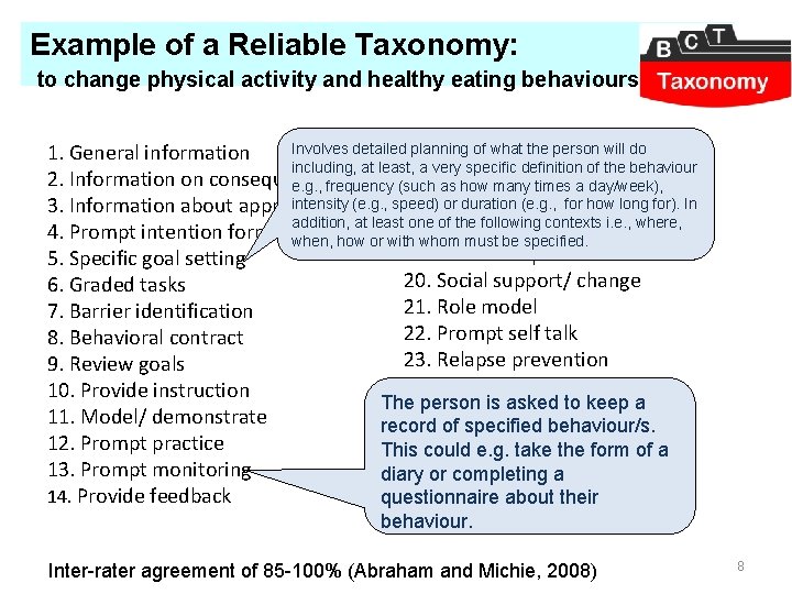 Example of a Reliable Taxonomy: to change physical activity and healthy eating behaviours Involves