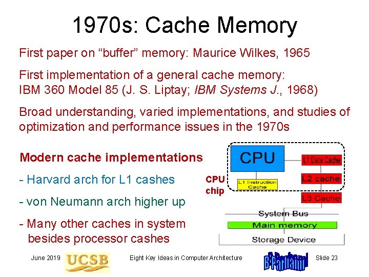 1970 s: Cache Memory First paper on “buffer” memory: Maurice Wilkes, 1965 First implementation