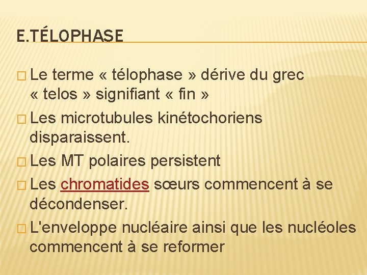 E. TÉLOPHASE � Le terme « télophase » dérive du grec « telos » E. TÉLOPHASE � Le terme « télophase » dérive du grec « telos »
