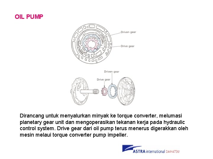 OIL PUMP Dirancang untuk menyalurkan minyak ke torque converter, melumasi planetary gear unit dan