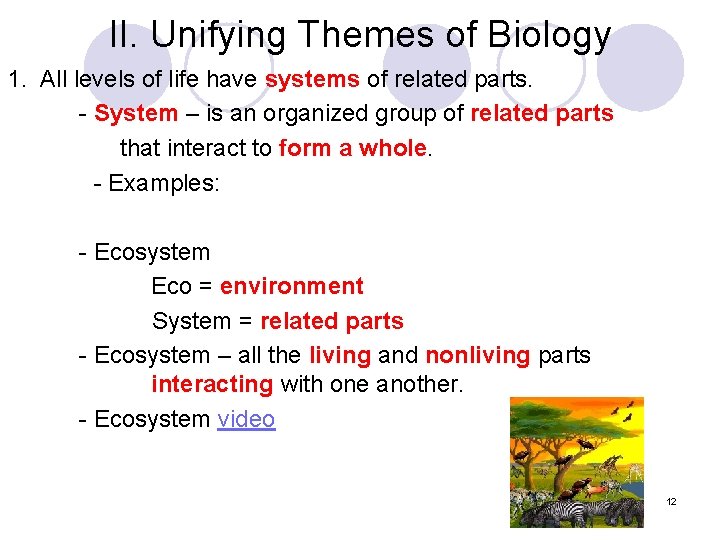 II. Unifying Themes of Biology 1. All levels of life have systems of related