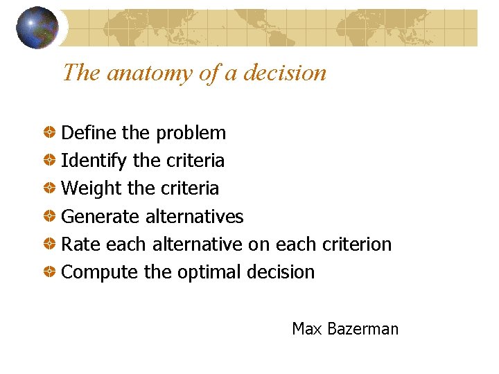 The anatomy of a decision Define the problem Identify the criteria Weight the criteria