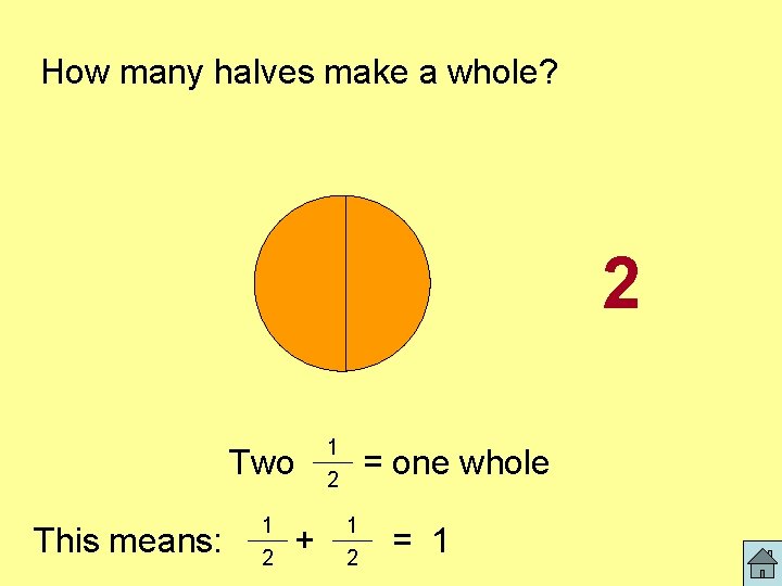 How many halves make a whole? 2 Two This means: 1 2 + 1