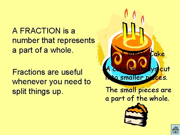 A FRACTION is a number that represents a part of a whole. Fractions are