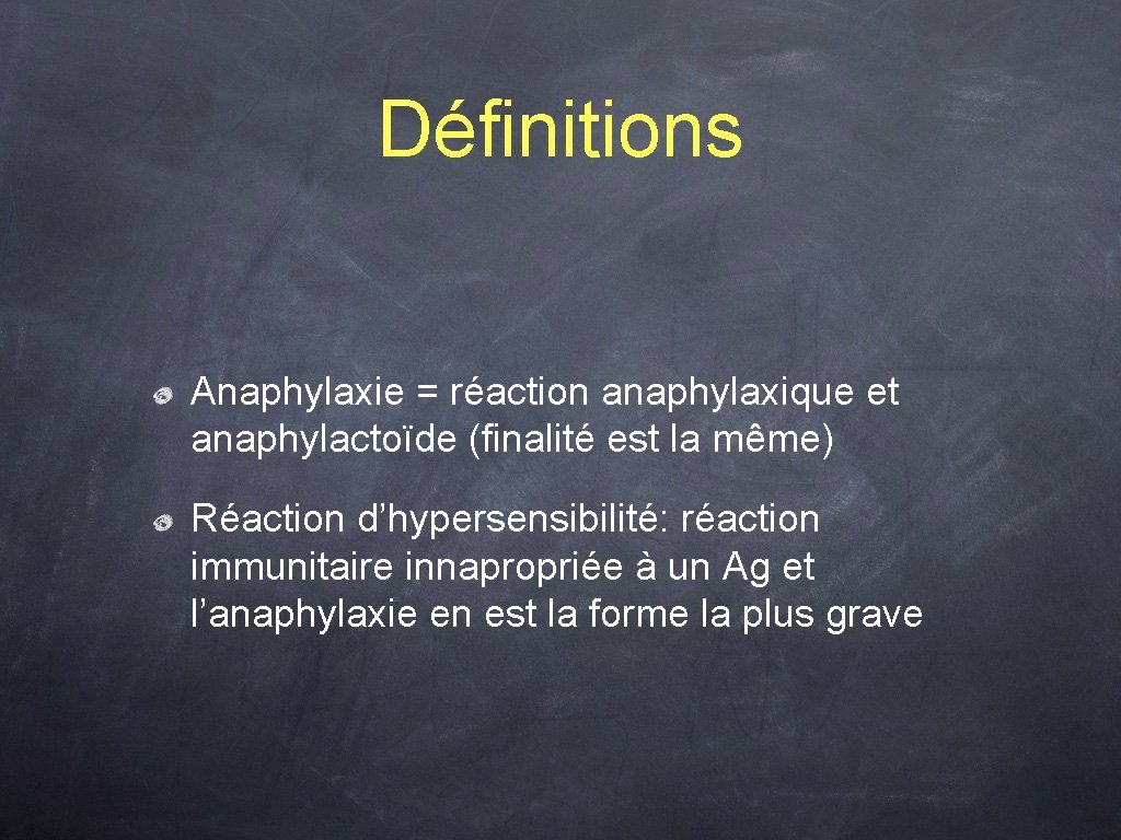 Définitions Anaphylaxie = réaction anaphylaxique et anaphylactoïde (finalité est la même) Réaction d’hypersensibilité: réaction