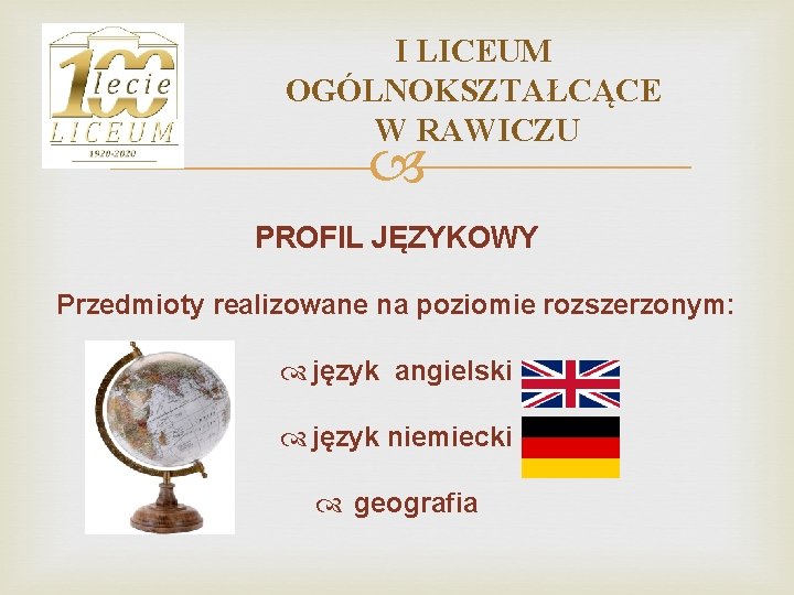 I LICEUM OGÓLNOKSZTAŁCĄCE W RAWICZU PROFIL JĘZYKOWY Przedmioty realizowane na poziomie rozszerzonym: język angielski