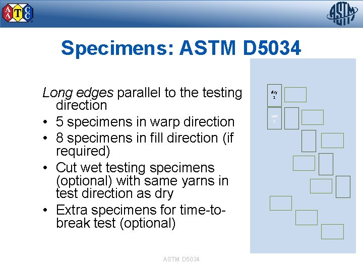 Specimens: ASTM D 5034 Long edges parallel to the testing direction • 5 specimens