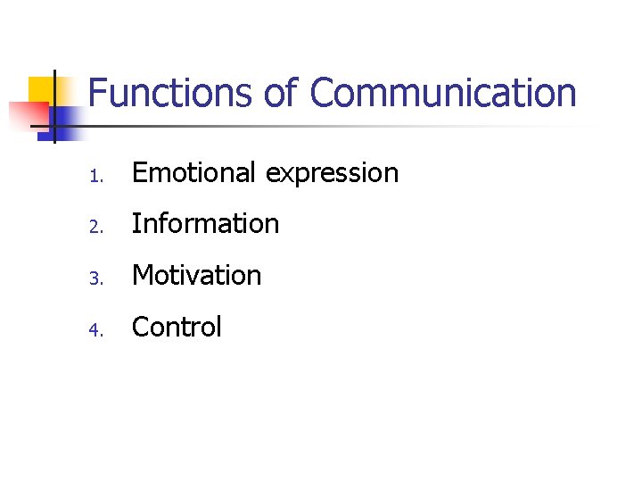 Functions of Communication 1. Emotional expression 2. Information 3. Motivation 4. Control 