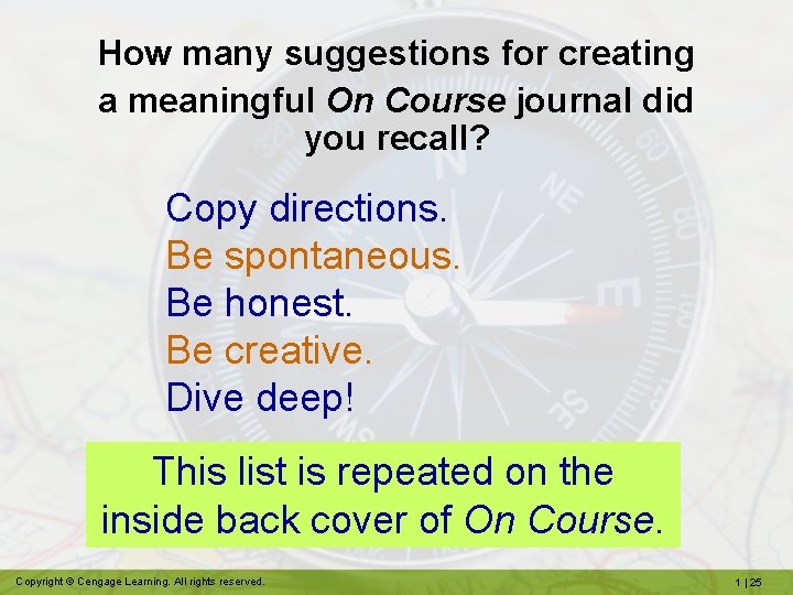 How many suggestions for creating a meaningful On Course journal did you recall? Copy