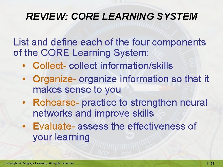 REVIEW: CORE LEARNING SYSTEM List and define each of the four components of the