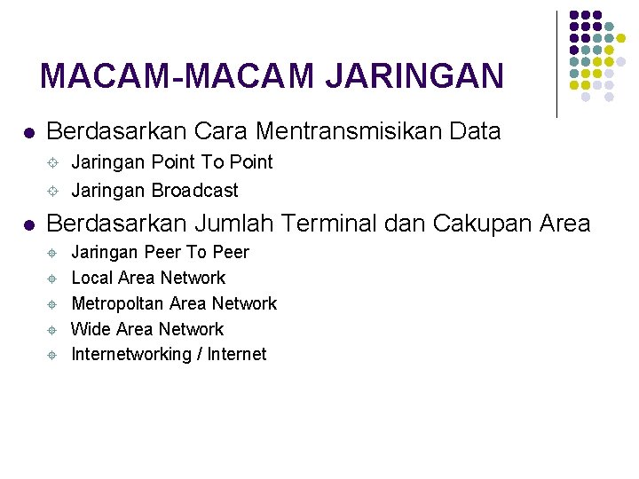 MACAM-MACAM JARINGAN l Berdasarkan Cara Mentransmisikan Data ± ± l Jaringan Point To Point