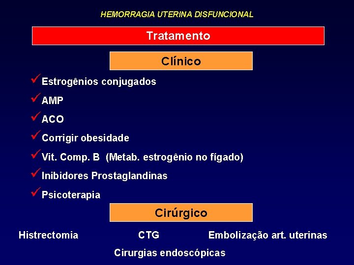 HEMORRAGIA UTERINA DISFUNCIONAL Tratamento Clínico üEstrogênios conjugados üAMP üACO üCorrigir obesidade üVit. Comp. B