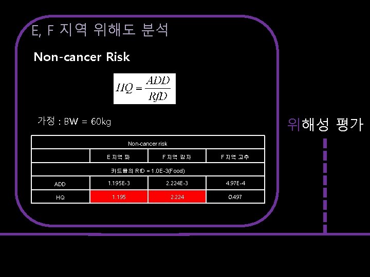 E, F 지역 위해도 분석 Non-cancer Risk 위해성 평가 가정 : BW = 60