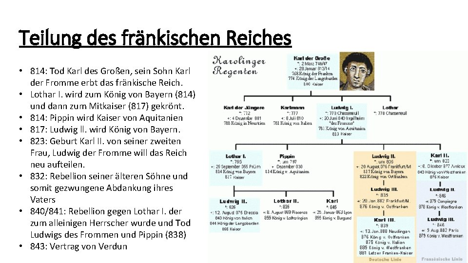 Teilung des fränkischen Reiches • 814: Tod Karl des Großen, sein Sohn Karl der