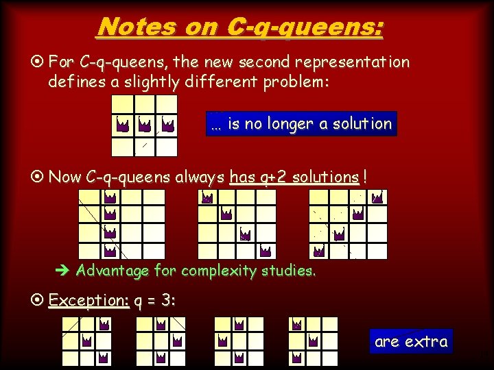 Notes on C-q-queens: ¤ For C-q-queens, the new second representation defines a slightly different