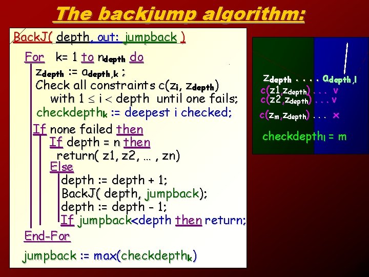The backjump algorithm: Back. J( depth, out: jumpback ) For k= 1 to ndepth
