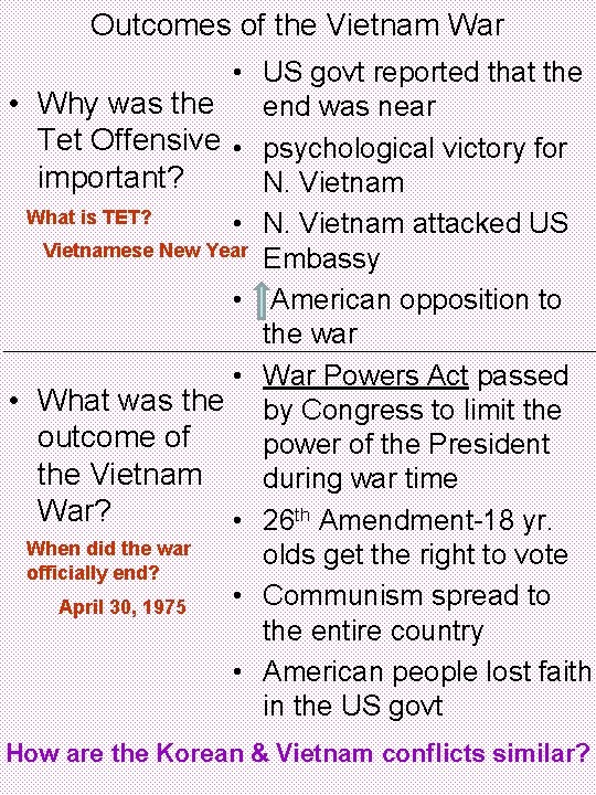 Outcomes of the Vietnam War • US govt reported that the • Why was