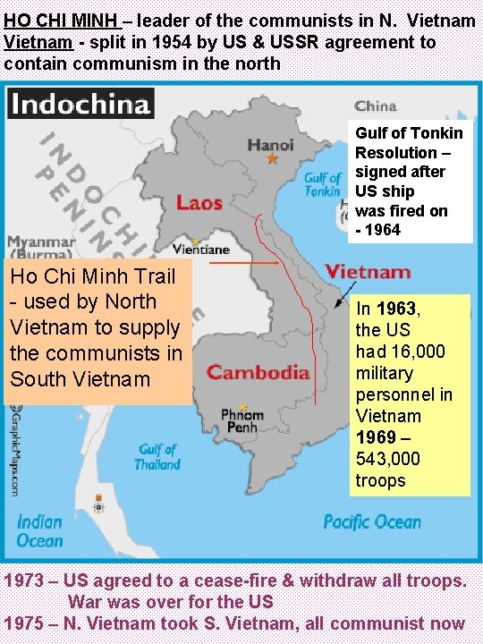 HO CHI MINH – leader of the communists in N. Vietnam - split in