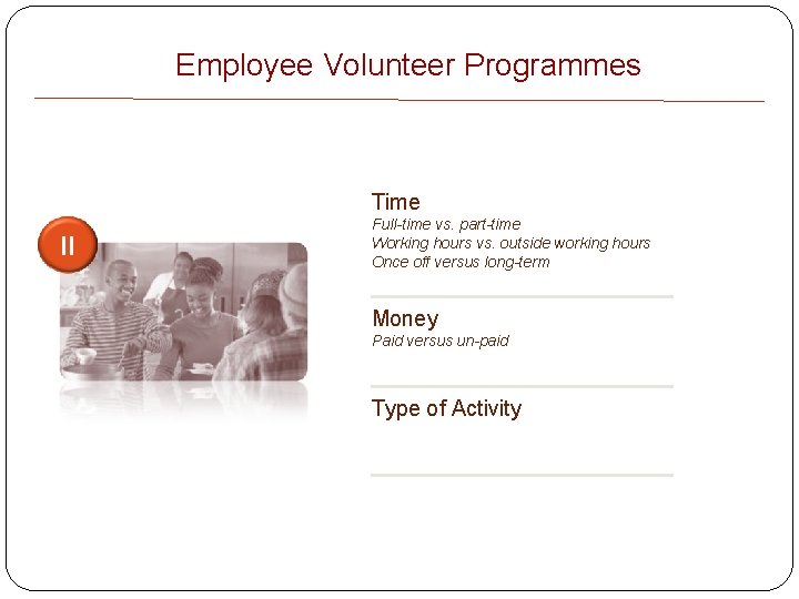 Employee Volunteer Programmes Time II Full-time vs. part-time Working hours vs. outside working hours
