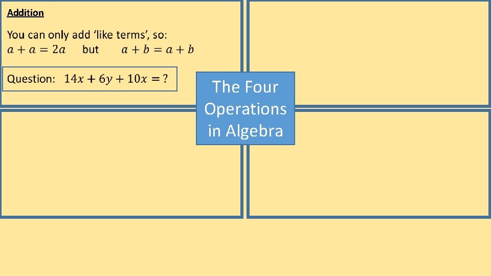 Addition The Four Operations in Algebra Addition The Four Operations in Algebra