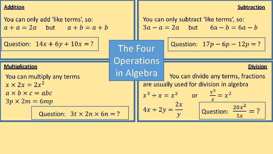 Addition Multiplication Subtraction The Four Operations in Algebra Division Addition Multiplication Subtraction The Four Operations in Algebra Division