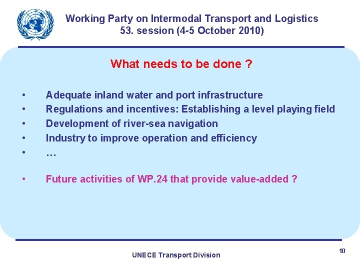 Working Party on Intermodal Transport and Logistics 53. session (4 -5 October 2010) What