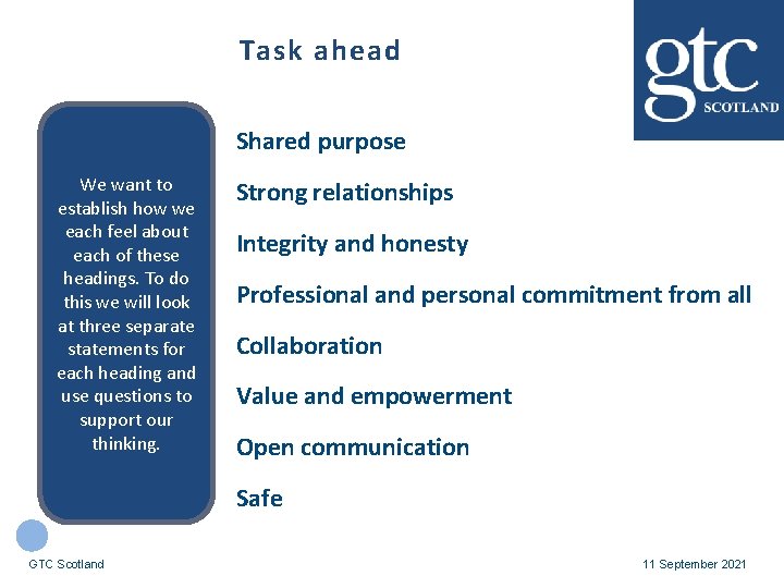 Task ahead Shared purpose We want to establish how we each feel about each