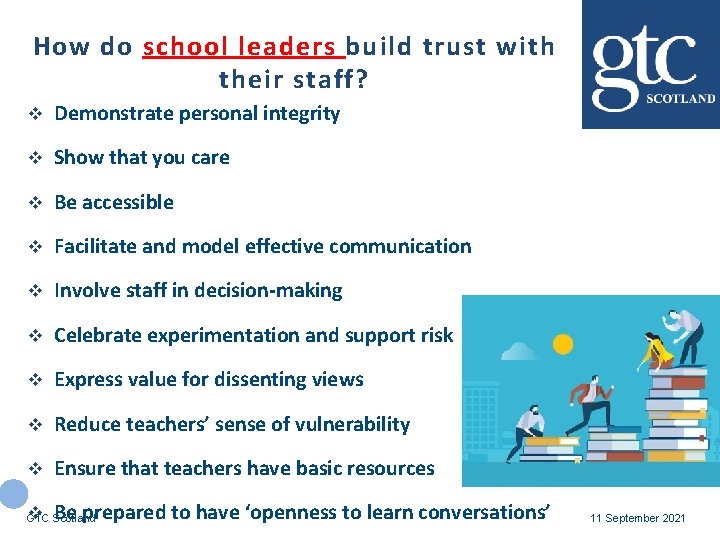 How do school leaders build trust with their staff? v Demonstrate personal integrity v