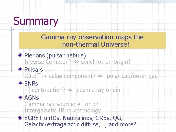 Summary Gamma-ray observation maps the non-thermal Universe! Plerions (pulsar nebula) Inverse Compton? ⇔ synchrotron