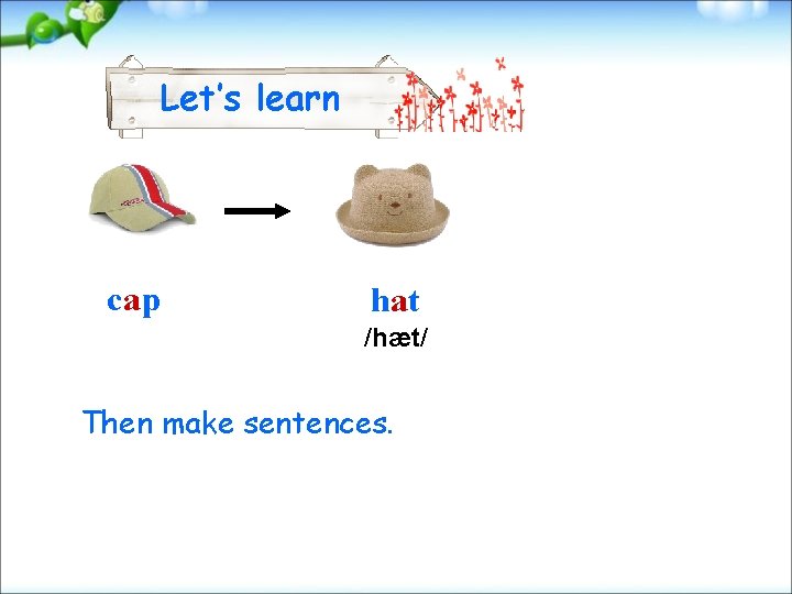 Let’s learn cap hat /hæt/ Then make sentences. 