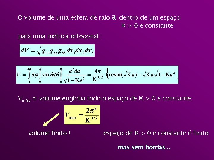 O volume de uma esfera de raio a dentro de um espaço Ҝ >