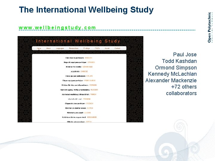 The International Wellbeing Study www. wellbeingstudy. com Paul Jose Todd Kashdan Ormond Simpson Kennedy
