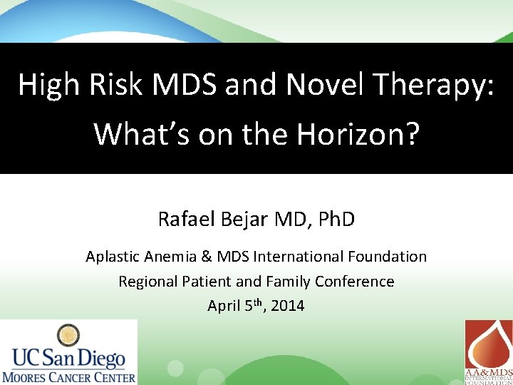 High Risk MDS and Novel Therapy: What’s on the Horizon? Rafael Bejar MD, Ph. High Risk MDS and Novel Therapy: What’s on the Horizon? Rafael Bejar MD, Ph.